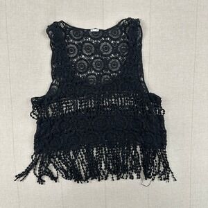 Crochet Fringe Crop Top Black | Women's XS/S